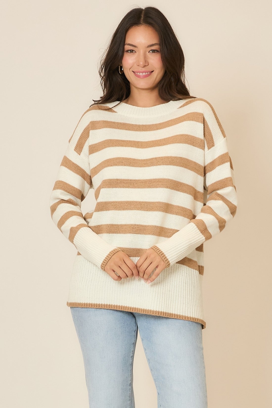 Cozy Co Tan Striped Tunic Knit Sweater