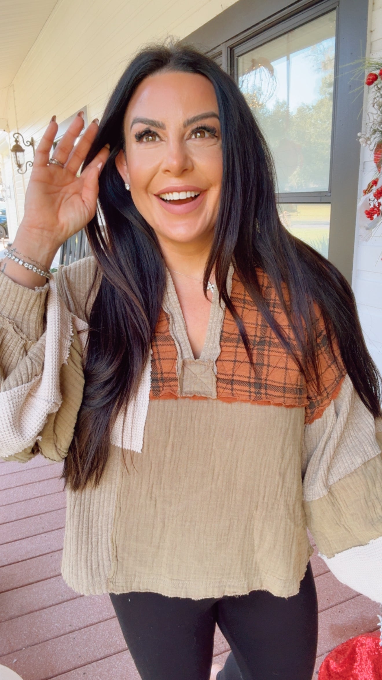 POL Olive and Rust Plaid V-neck Long Sleeve Top