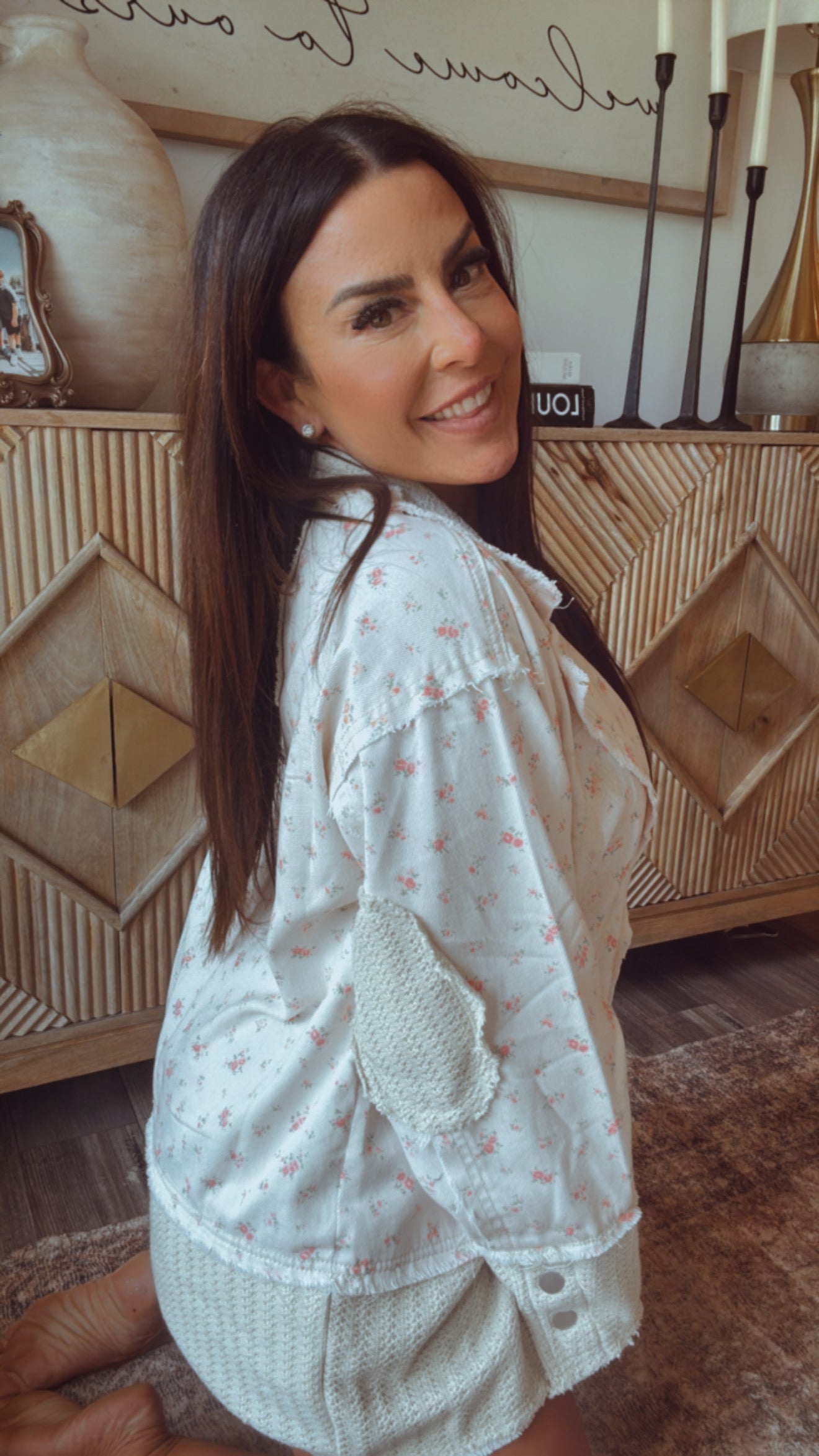 POL Cream and Pink Floral Button Up Denim Jacket