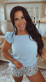 Lightweight Blue Textured Ruffle Sleeve Bow Back Top