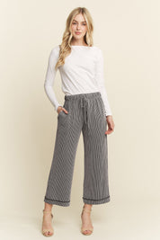Black Drawstring Waist Wide Leg Cropped Pants