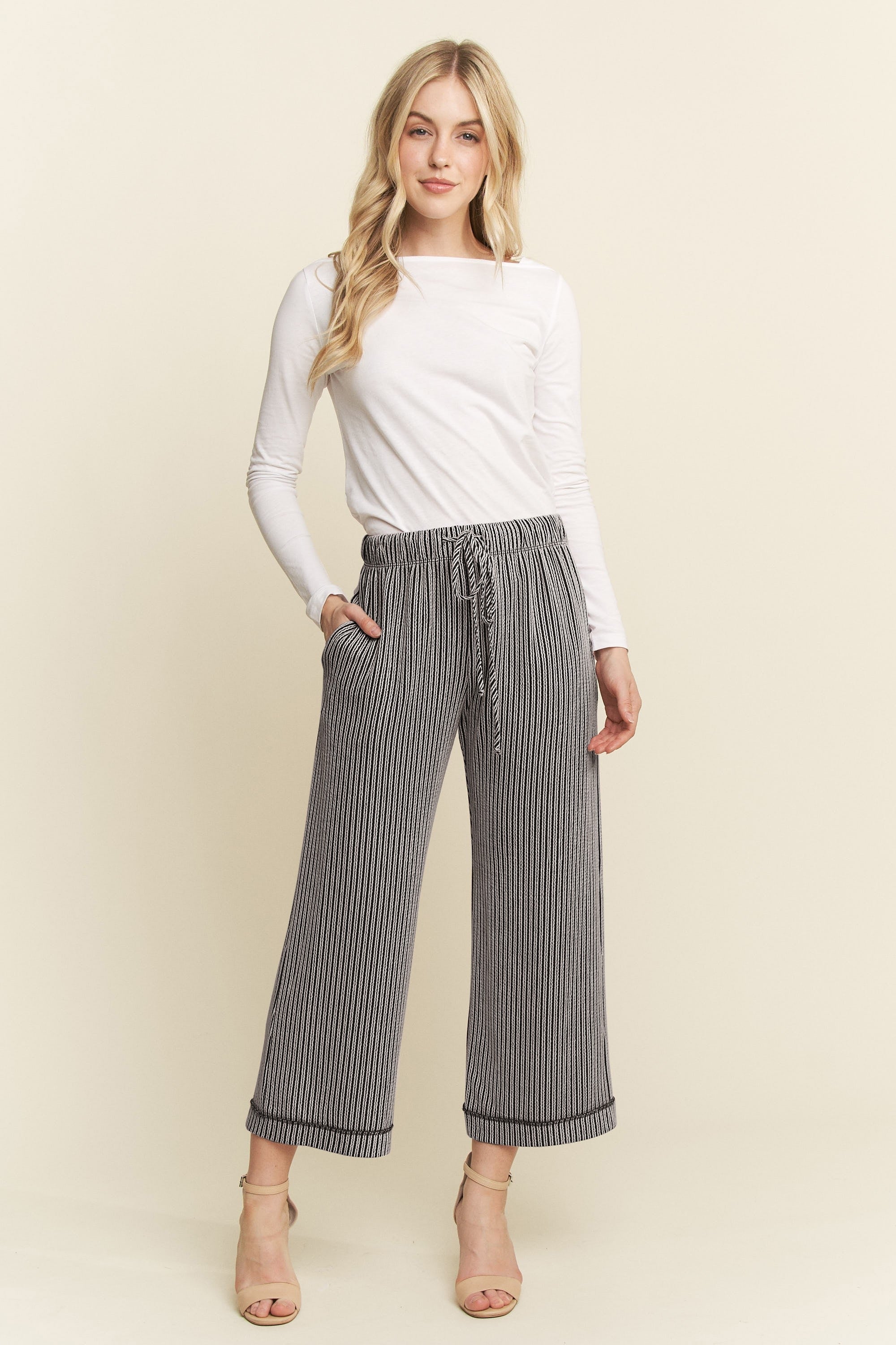 Black Drawstring Waist Wide Leg Cropped Pants