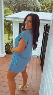 Blue and Red Sequin Bow Shorts