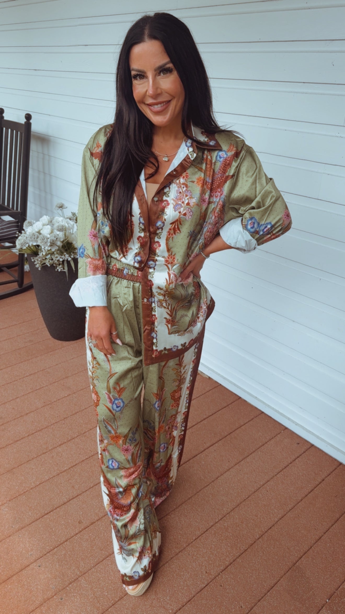Luxe White Green And floral Silky Two Piece Set