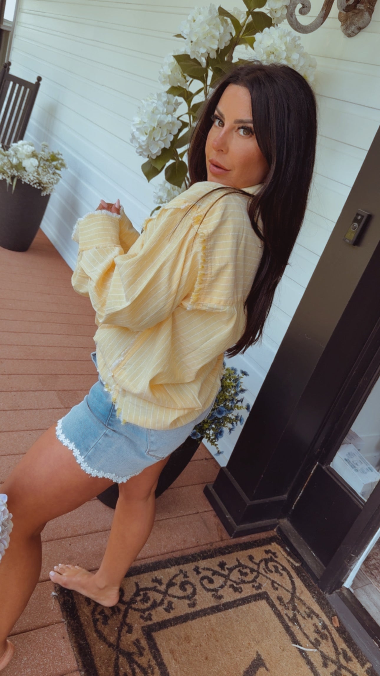 Yellow and White Striped Button Up Long Sleeve Top   Stich&Co