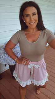 Pink And Stripe Ruffle Trim Shorts