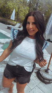 Soft Lightweight Blue Floral Textured Sleeve Top