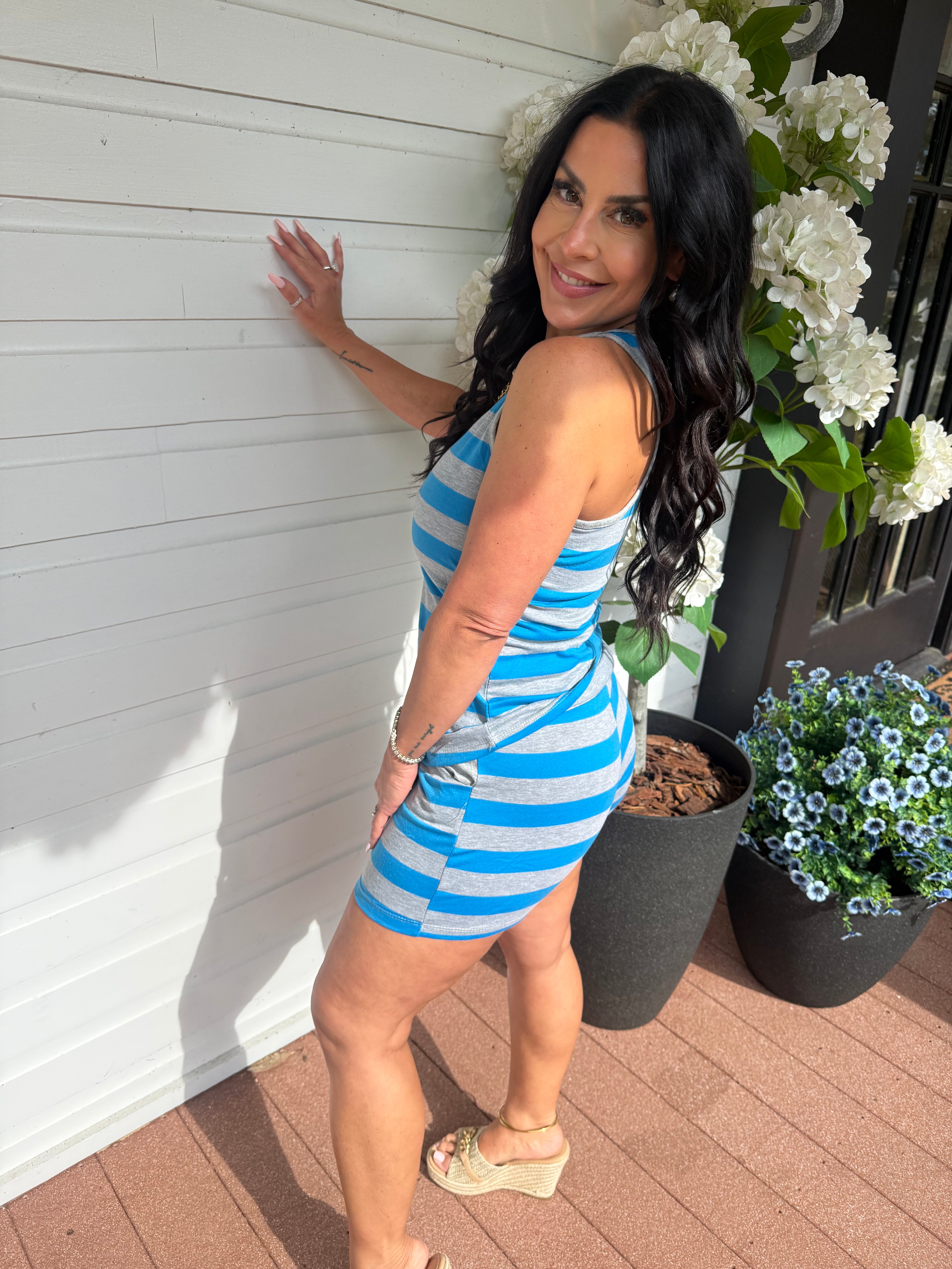 Blue  And Grey Striped Two PIece Set