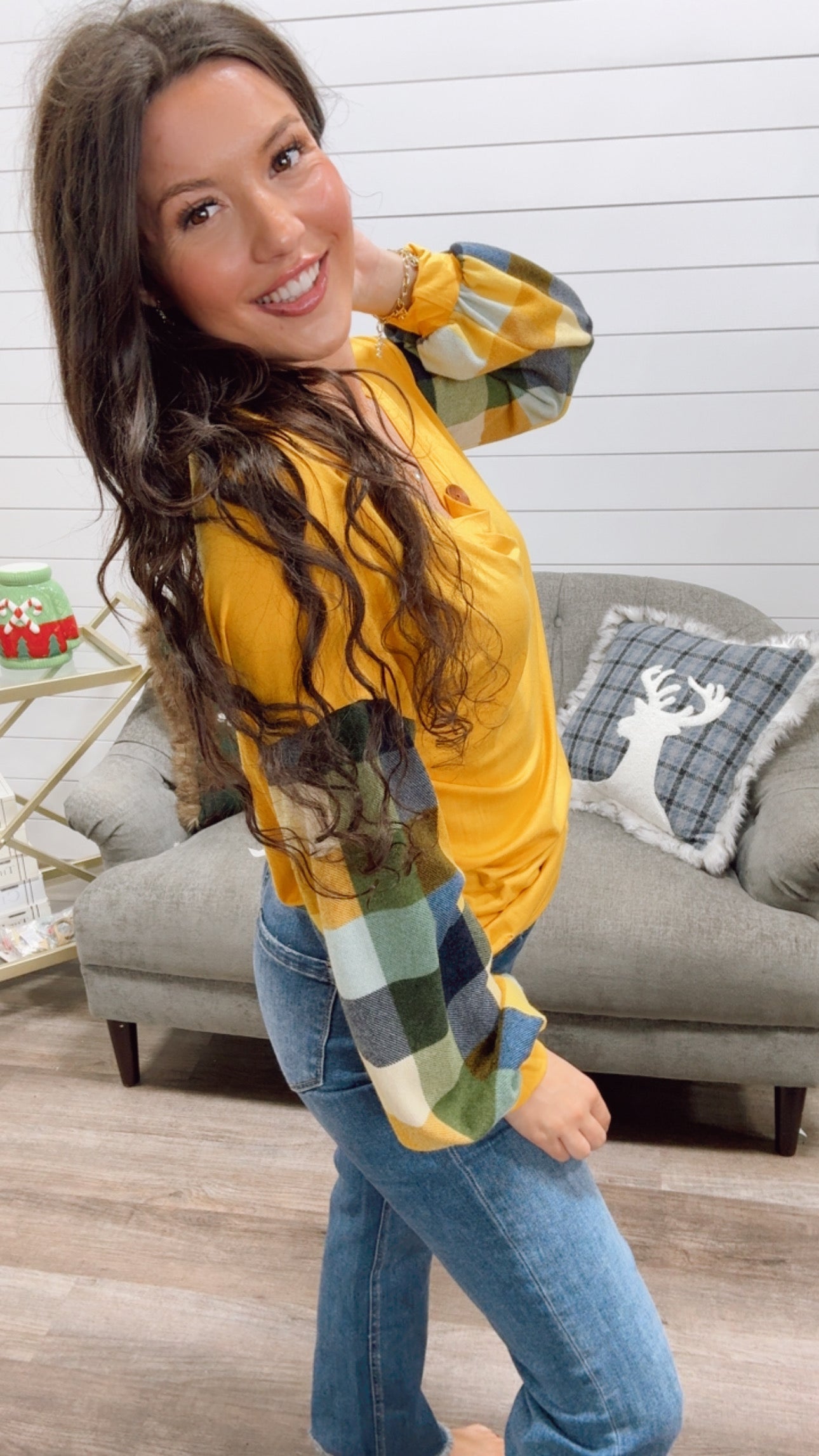 Yellow Plaid Long Sleeve Button Top *Final Sale*