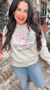 Taupe And Pink Merry Christmas Farm Truck Crewneck