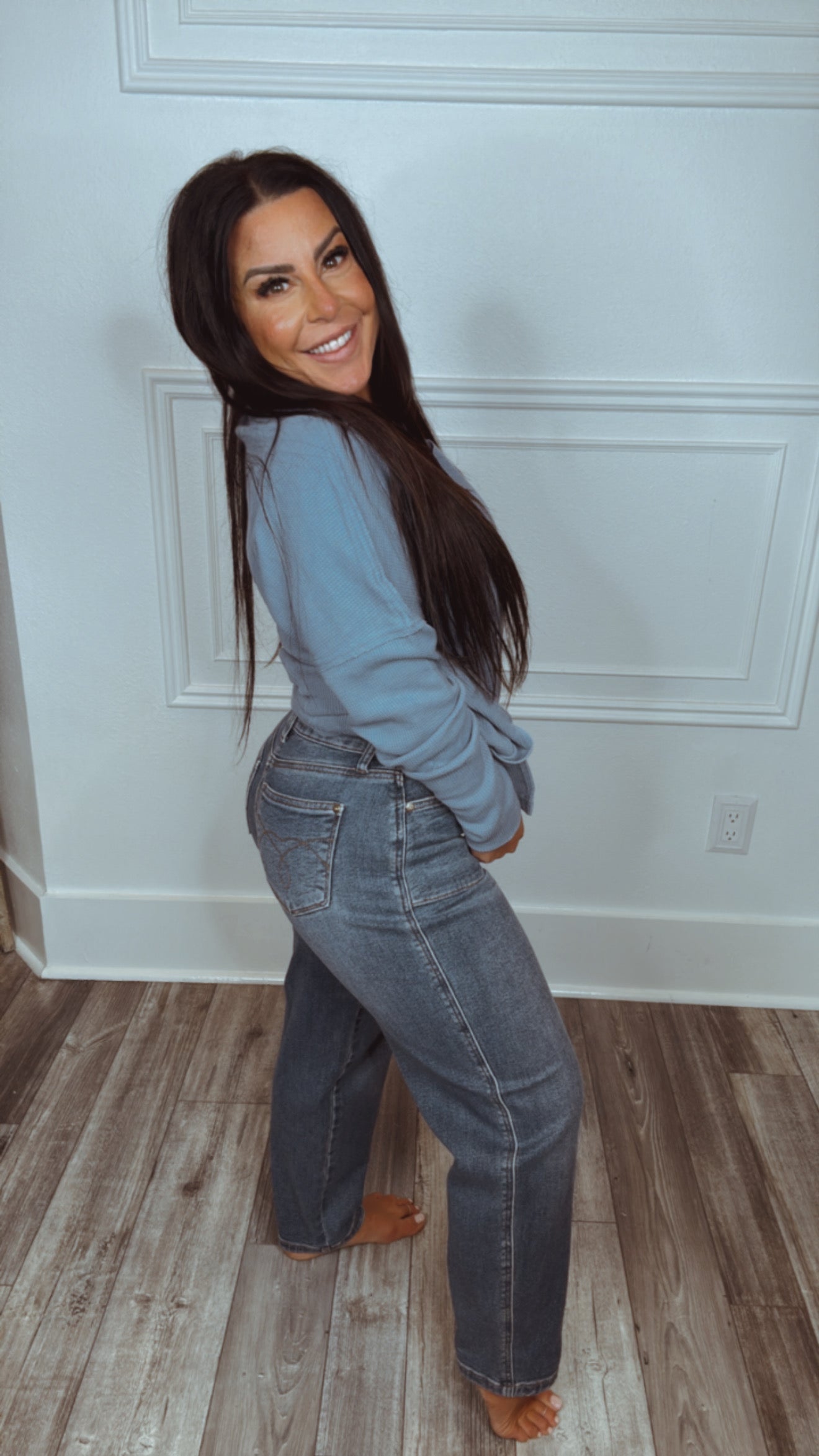 Blue Loose Fit Waffle Knit Raw Hem Sweater Top