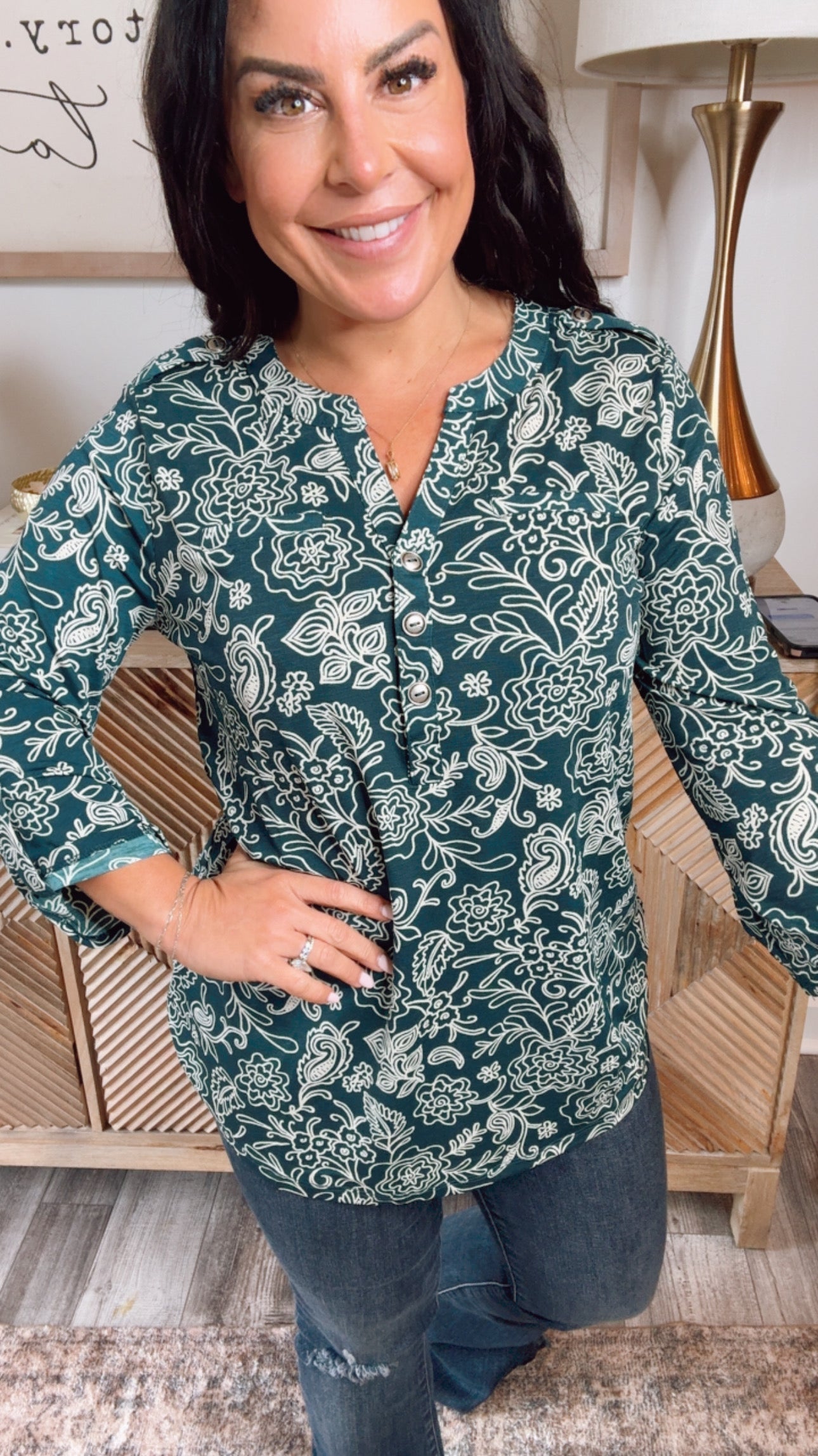 Hunter Green and Taupe Floral Lightweight Long Sleeve Button Top