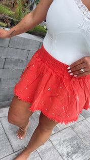 Red Denim and Crystal Embellished Skort