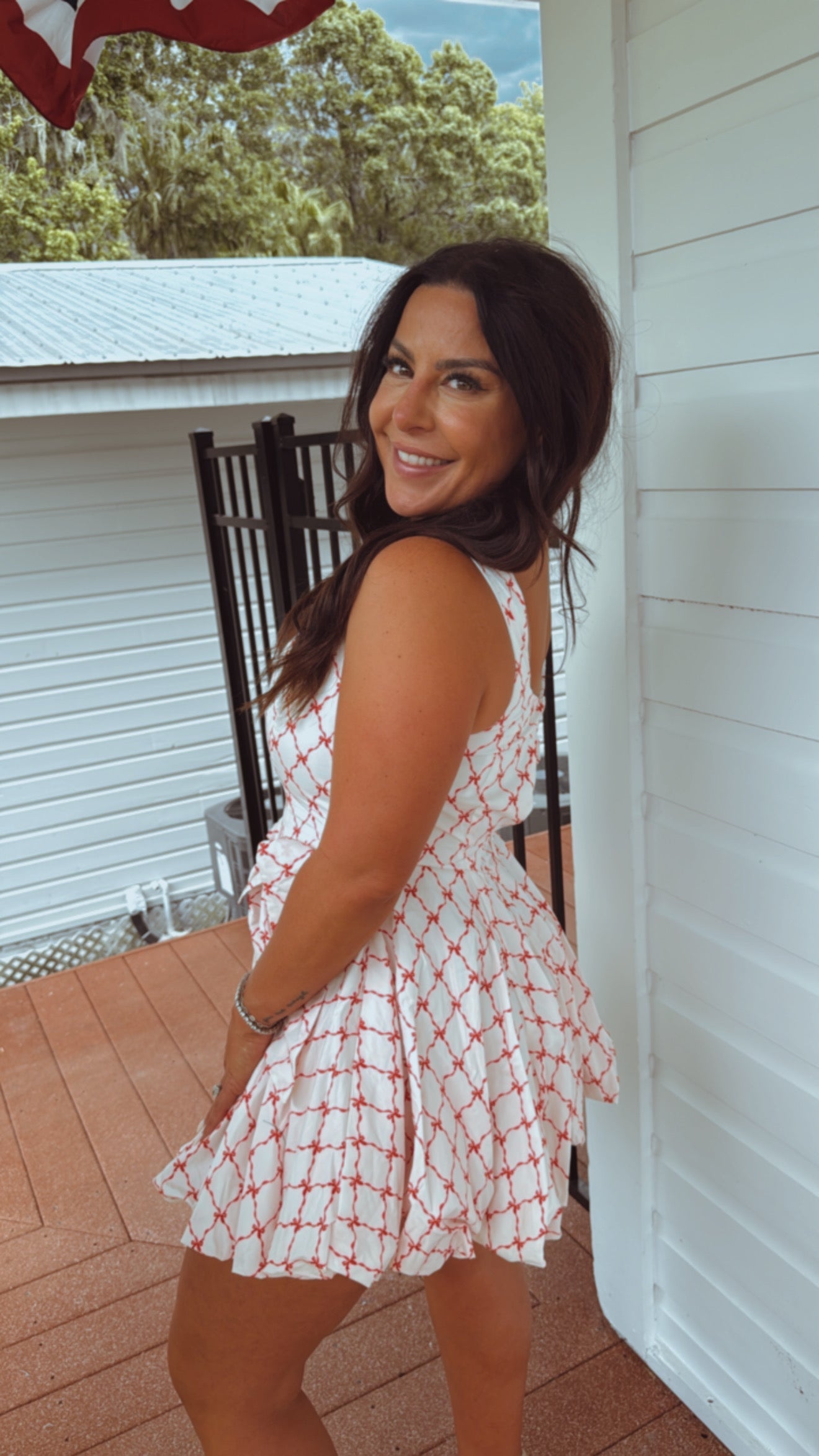 Red and White Bow Bubble Hem Mini Dress