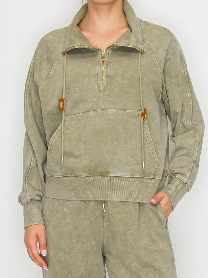 Stitch and CO Washed Olive Luxe Quarter Zip Pullover