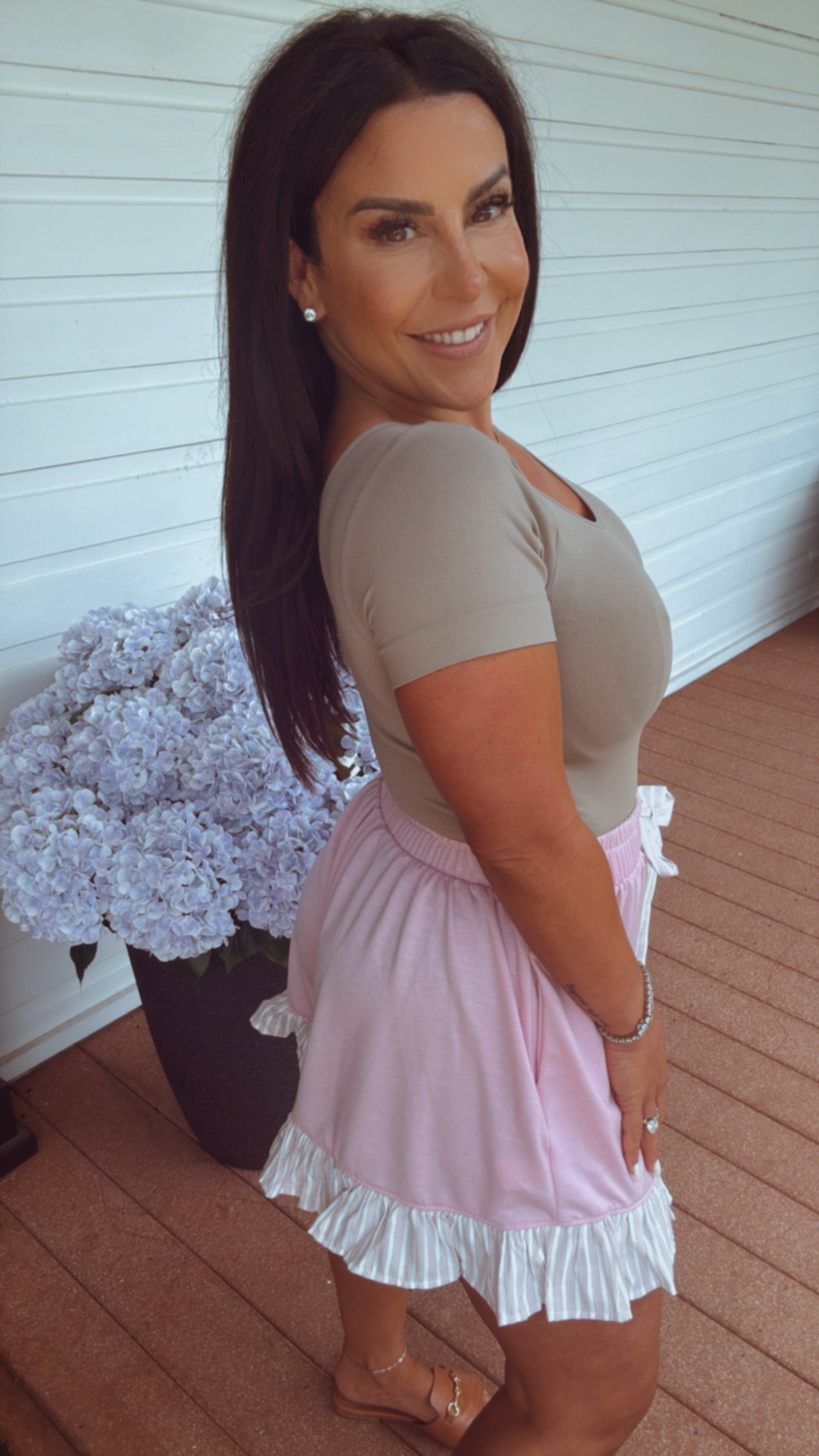 Pink And Stripe Ruffle Trim Shorts