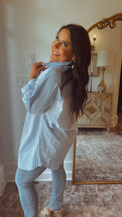 Lightweight Blue and White Stripe Button Up Long Sleeve Top