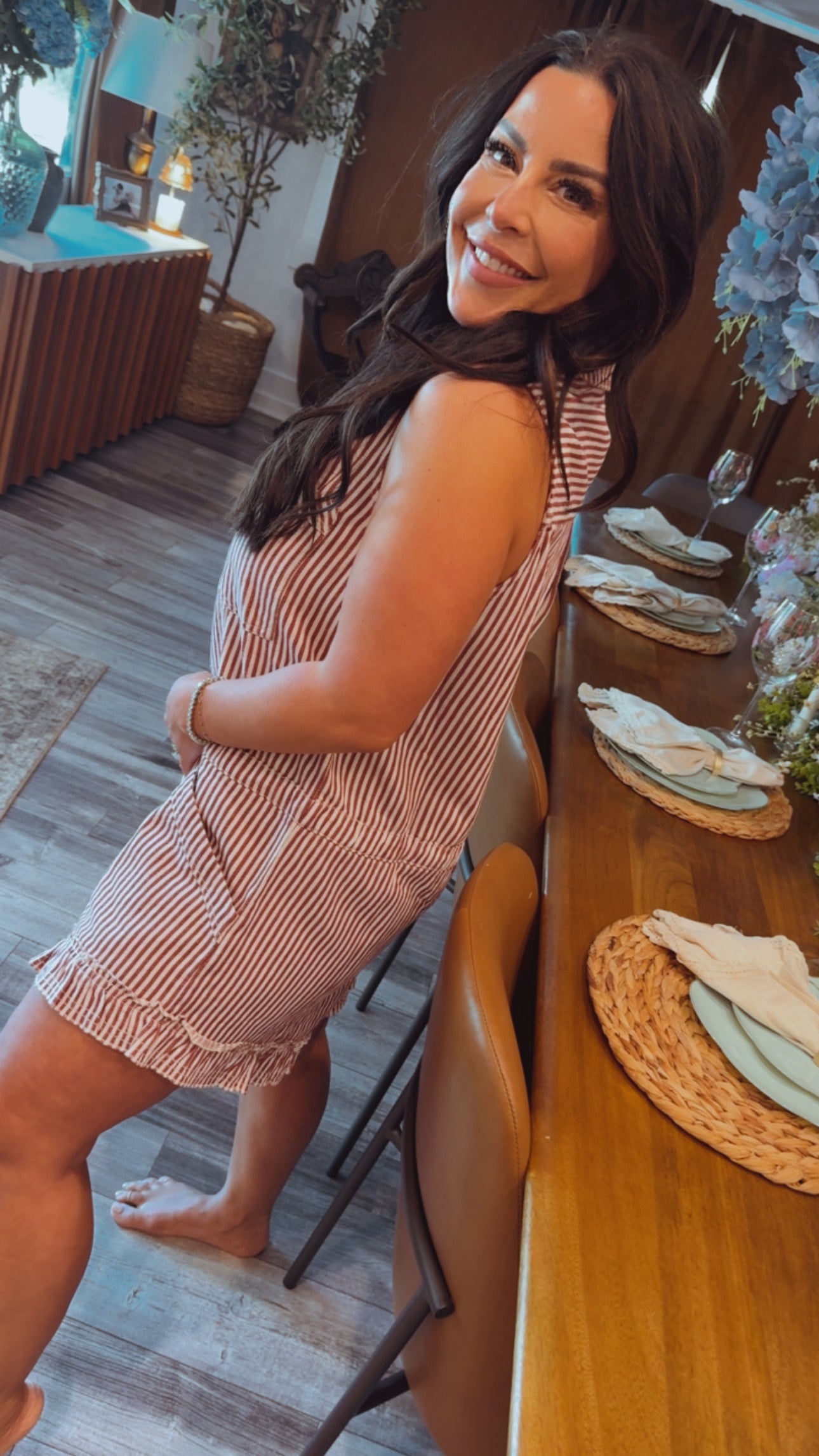 Burgundy And White Striped Denim Romper