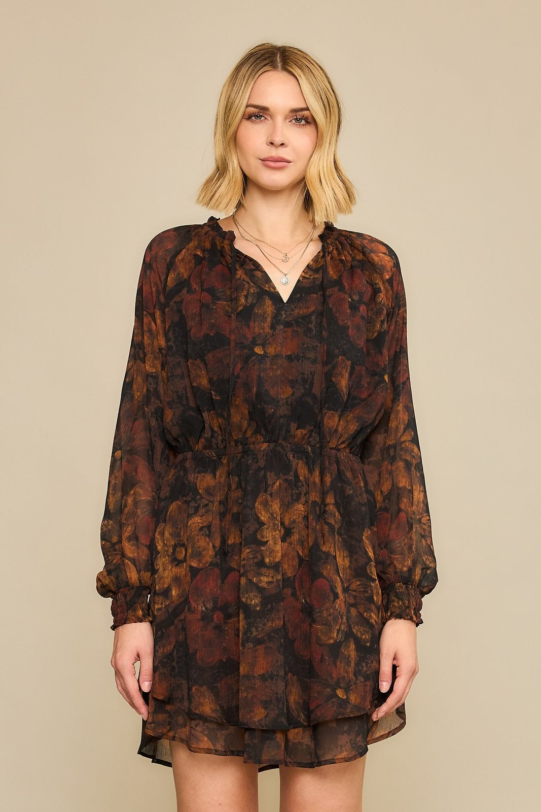 Cozy Co Black Chiffon Floral Long Sleeve Mini Dress