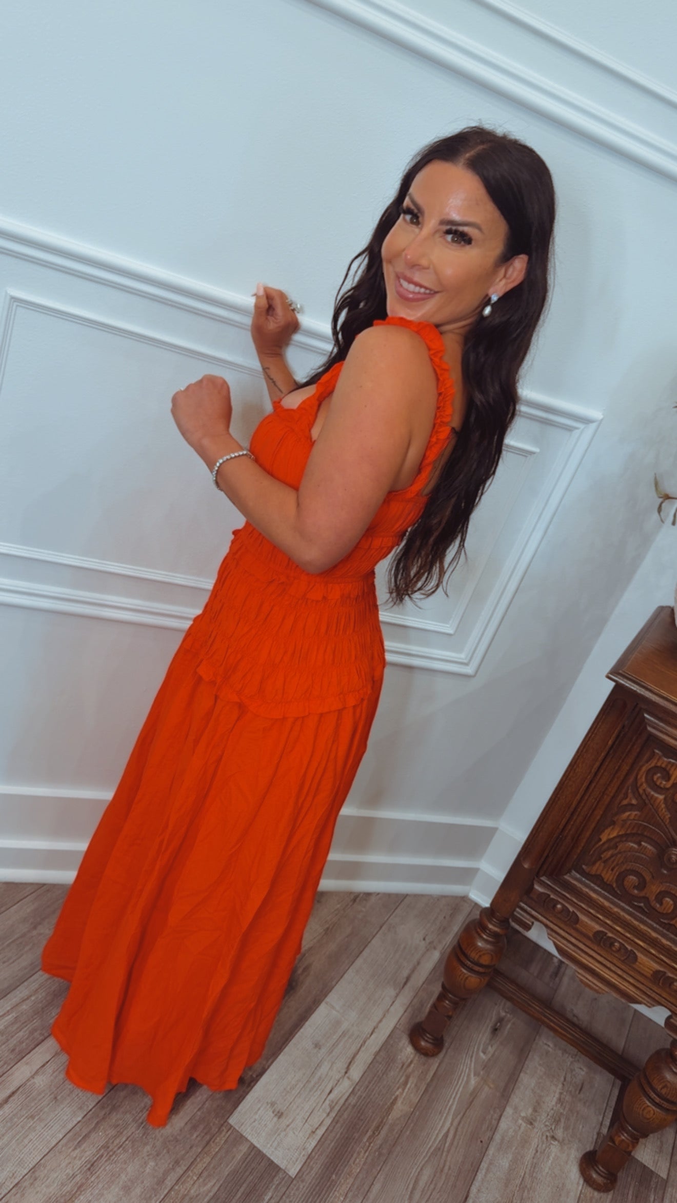 Stitch and CoRed Ruffle Shoulder Midi Dress