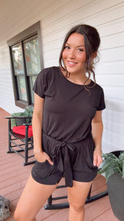 Black Tie Waist Lightweight Romper