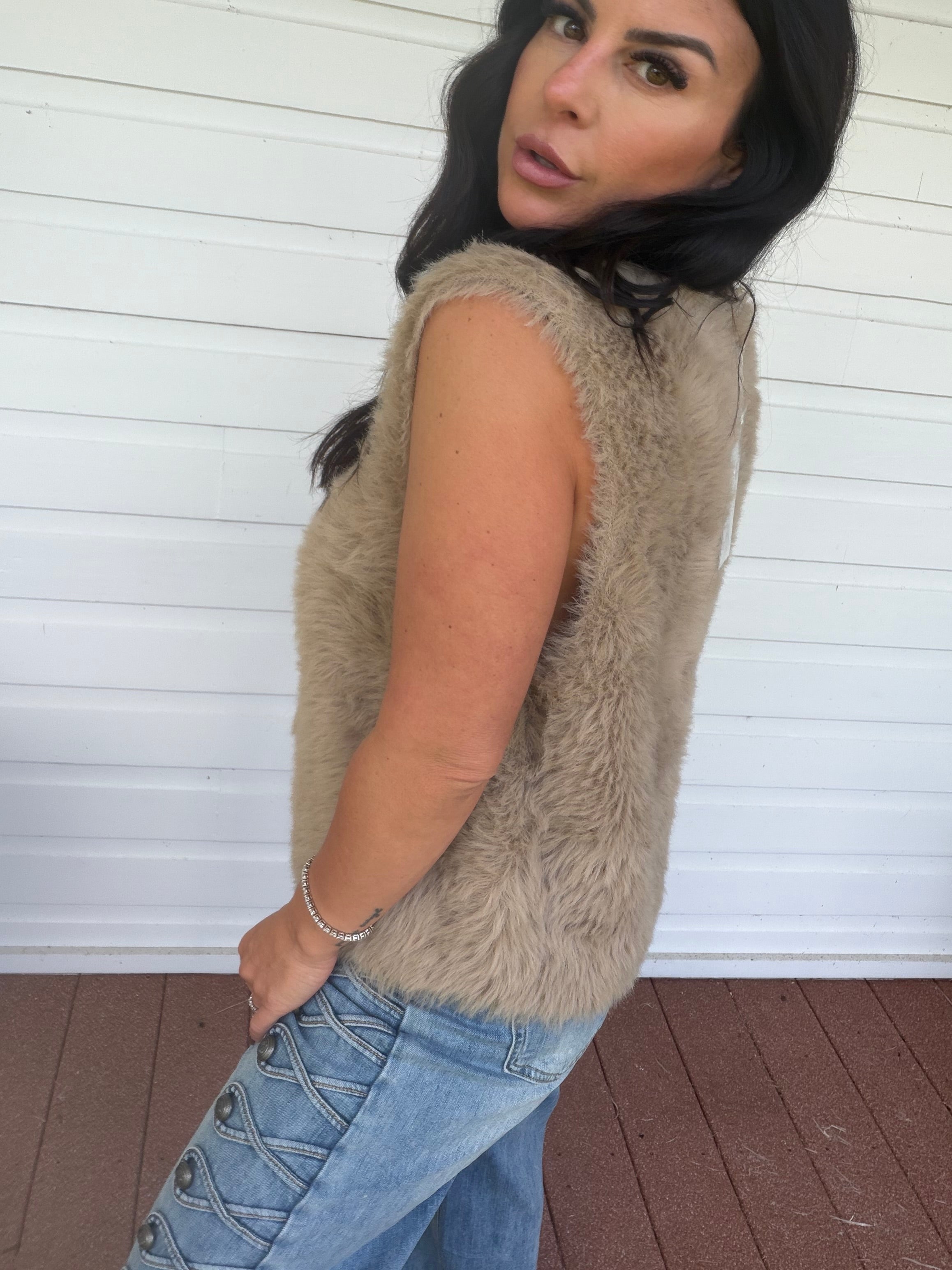 Light Mocha Brown Crush Faux Fur Vest
