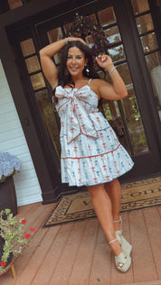 Red and White Blue Ruched Bust Mini Dress