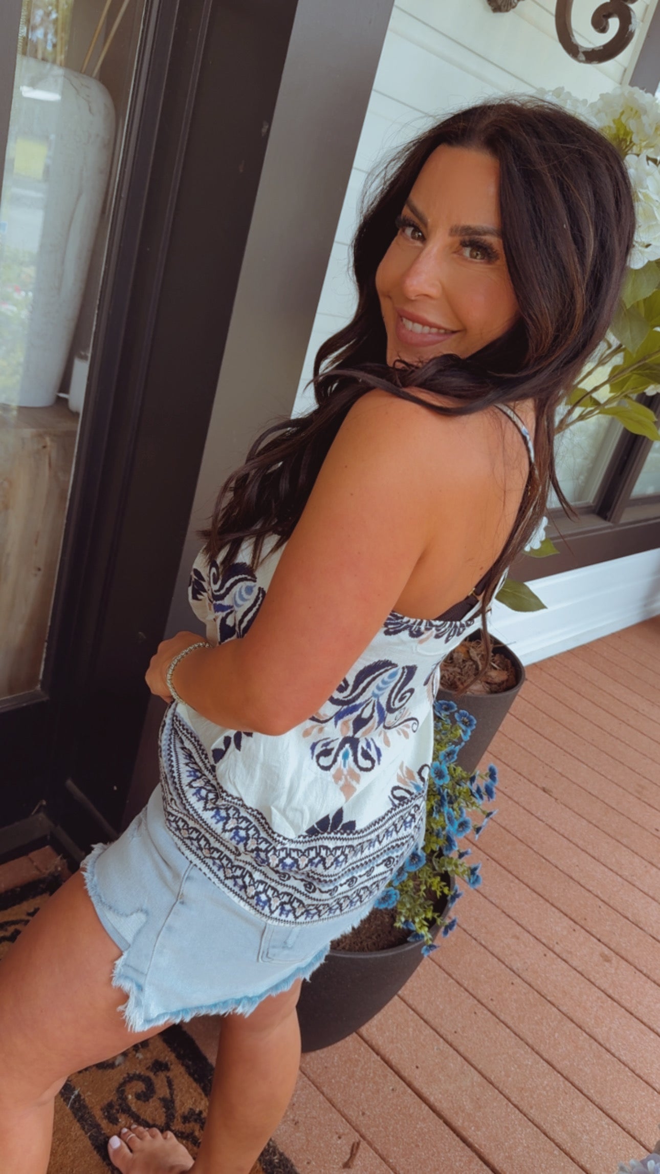 Ivory and Navy Patterned elegant Tank