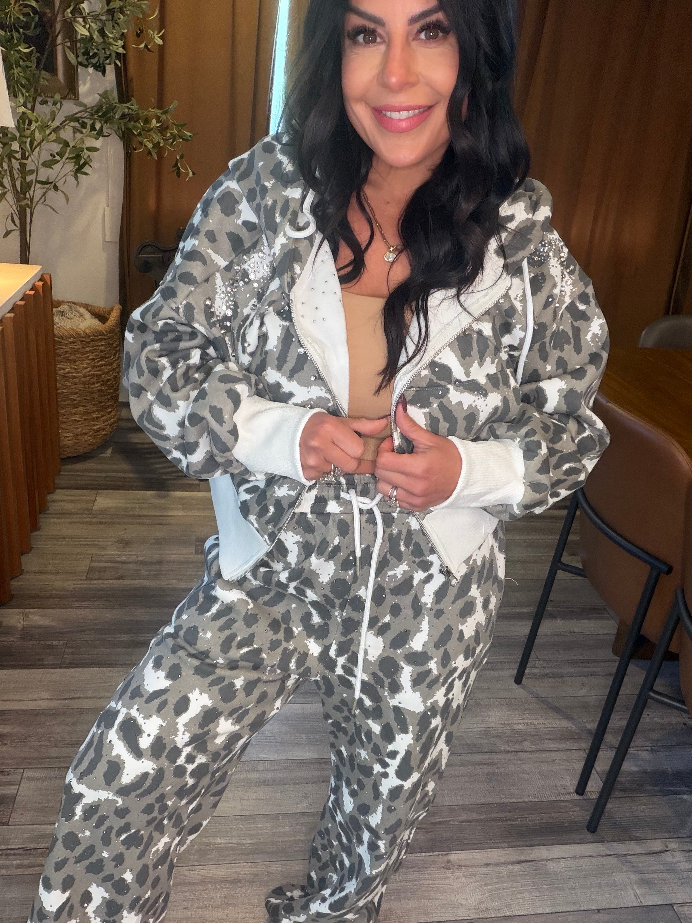 Diva Snow Leopard Crystal Embellished Two Peice Set Hodie and Joggers