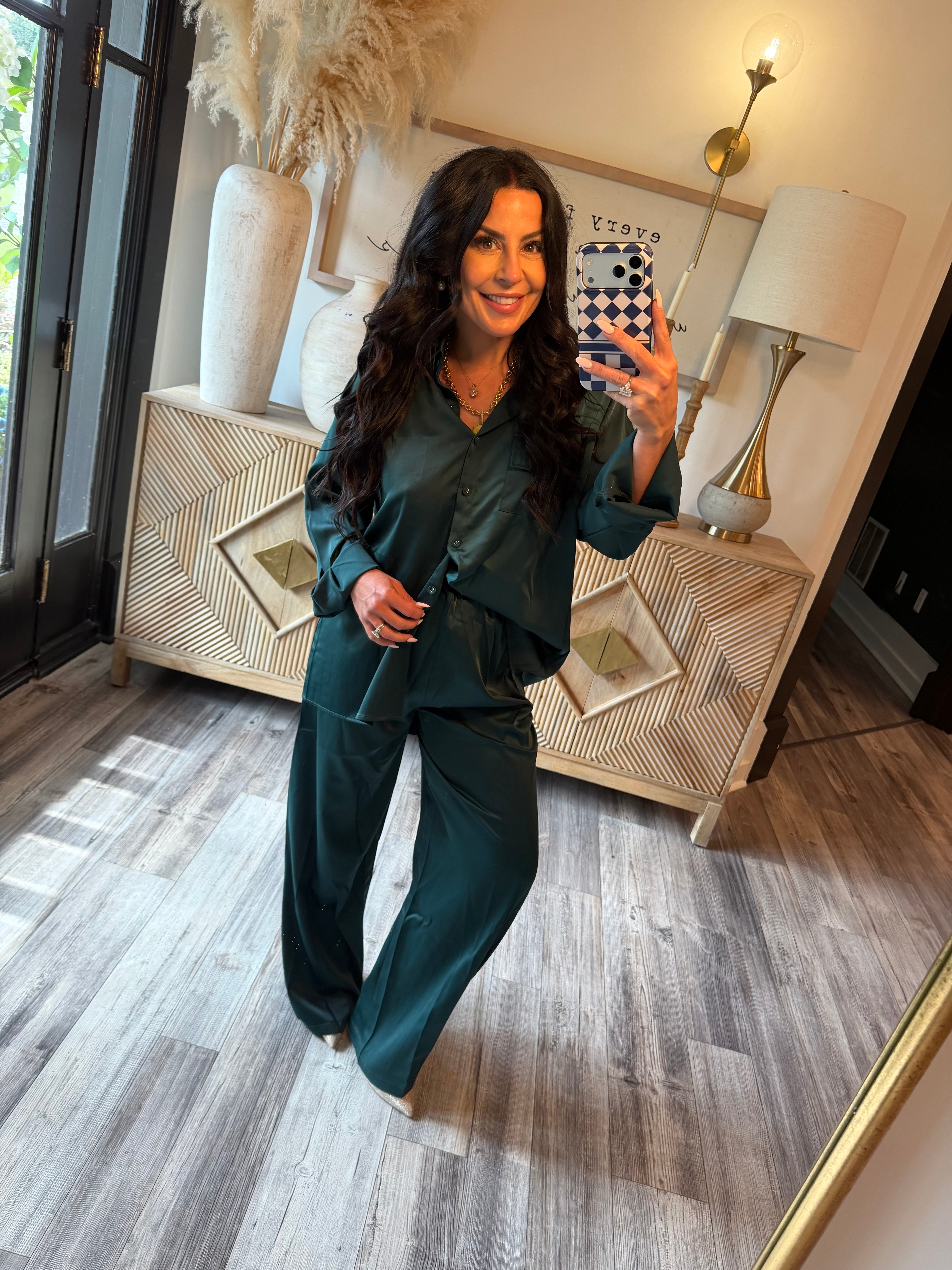 Chic Emerald Loose Fit Long Sleeve Button up Top and Pants Set