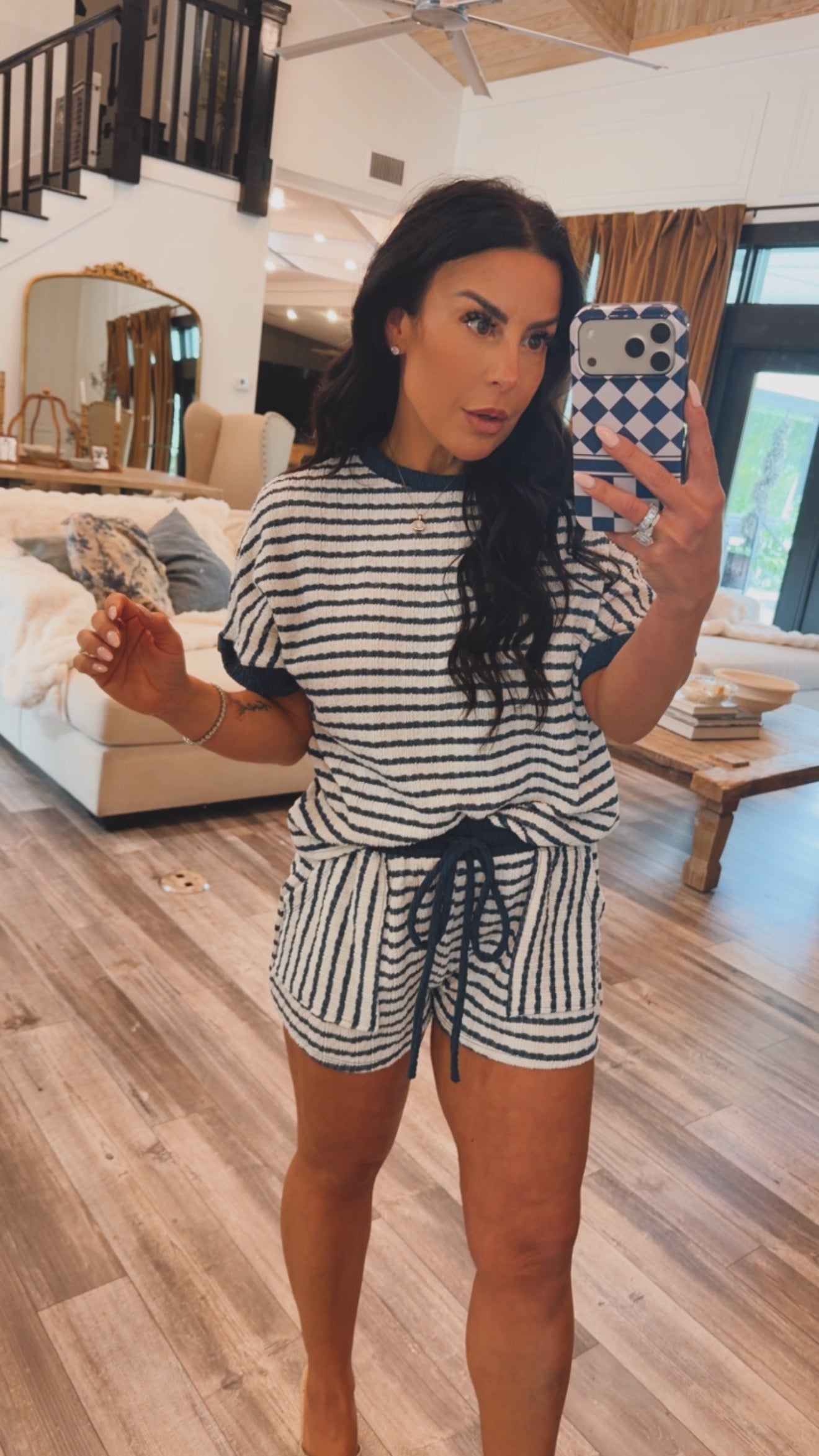 Navy and White Striped Set Top And Shorts