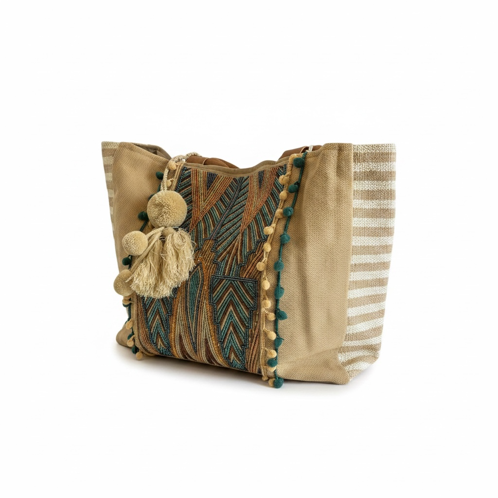 Large Teal and Gold beaded Tote Bag with Pom