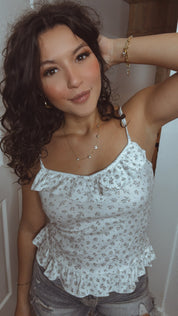 White And Floral Chic Ruffle Trim Top