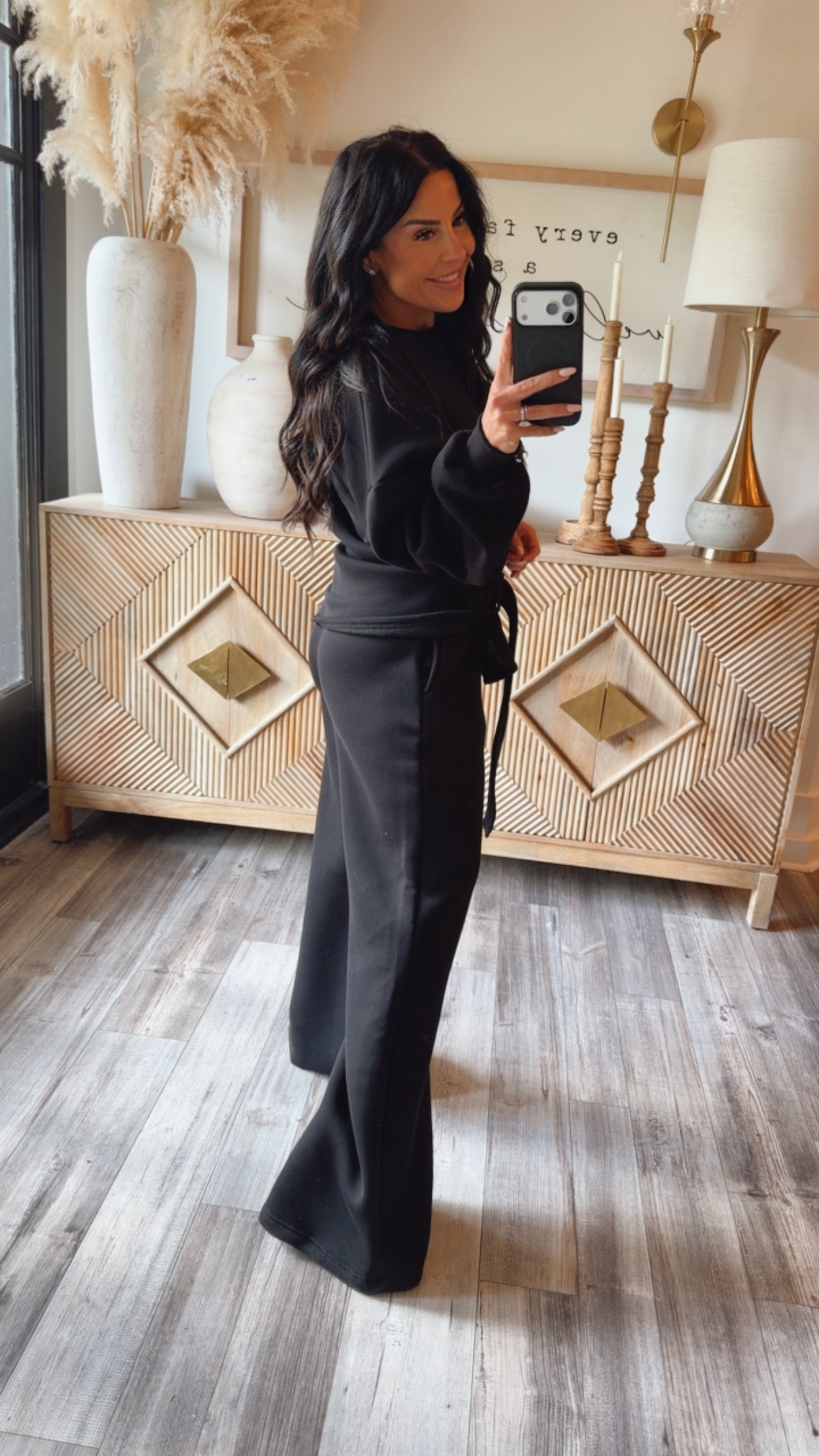 Luxe Black Long Sleeve Belted Sweater and Joggers Set
