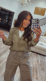 Olive and White Long Sleeve Chic Top With Built In Tank