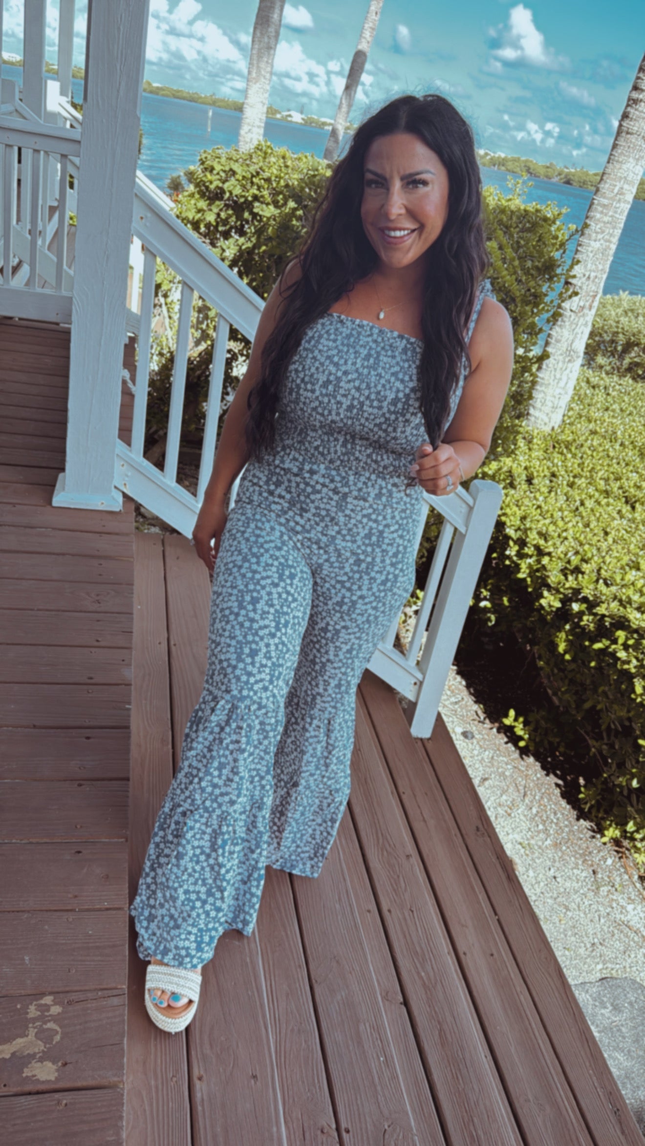 Blue and White Floral Jumpsuit
