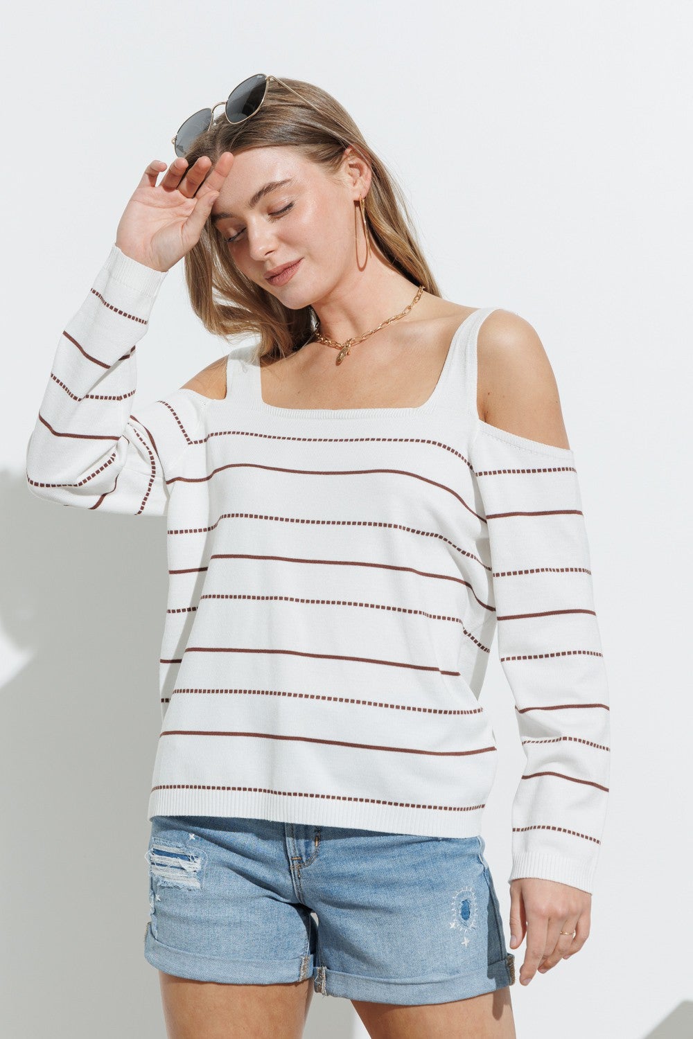 Cozy co White and Brown Striped Cold Shoulder Long Sleeve Top