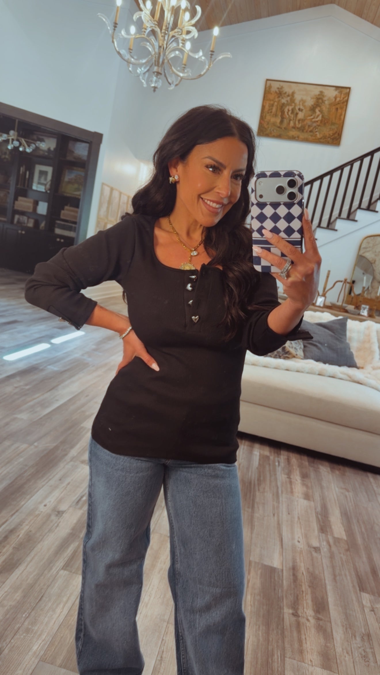 Black Round Neck Gold Btton Sweater