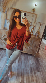 CHic Vneck Long Sleeve Wine Top