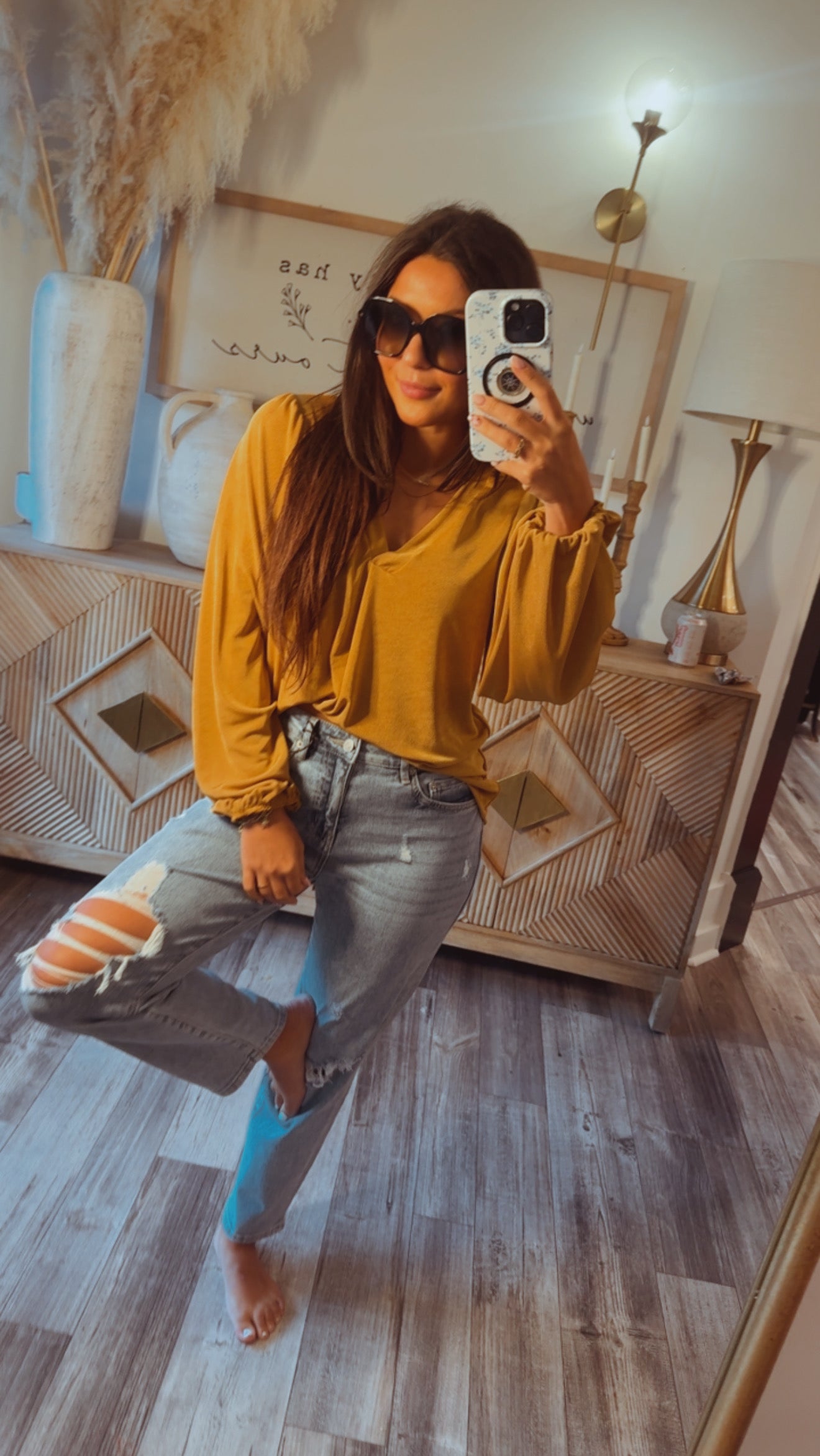 Camel Vneck Long Sleeve Top