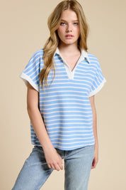 Blue Striped Relaxed Fit Polo Top