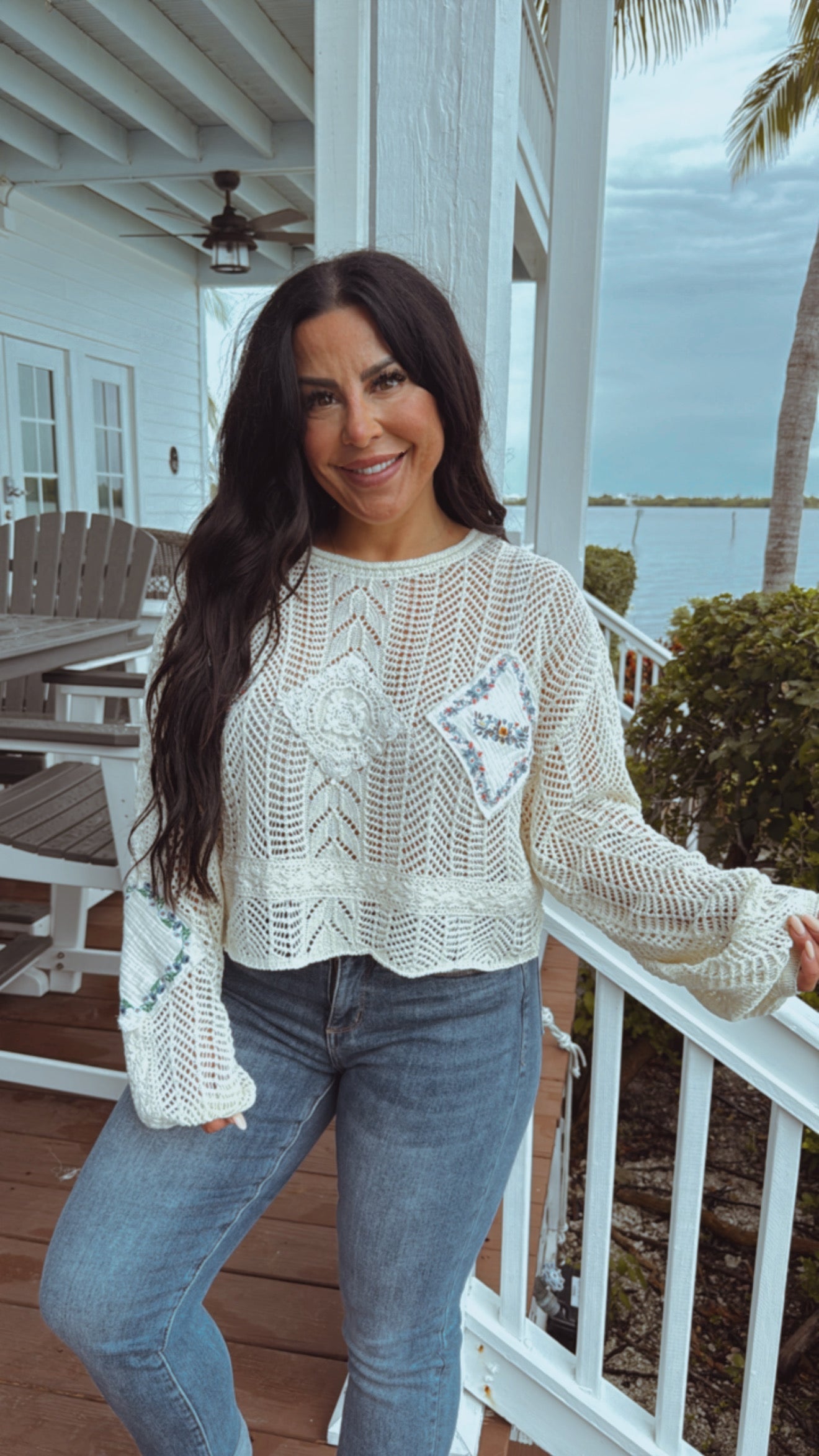 Cream Knit Floral Patchwork POL Top