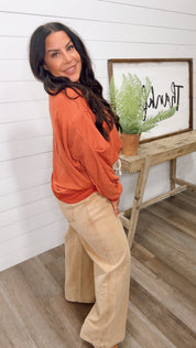 Mocha Wide Leg Denim Pants With Stretch Waistband