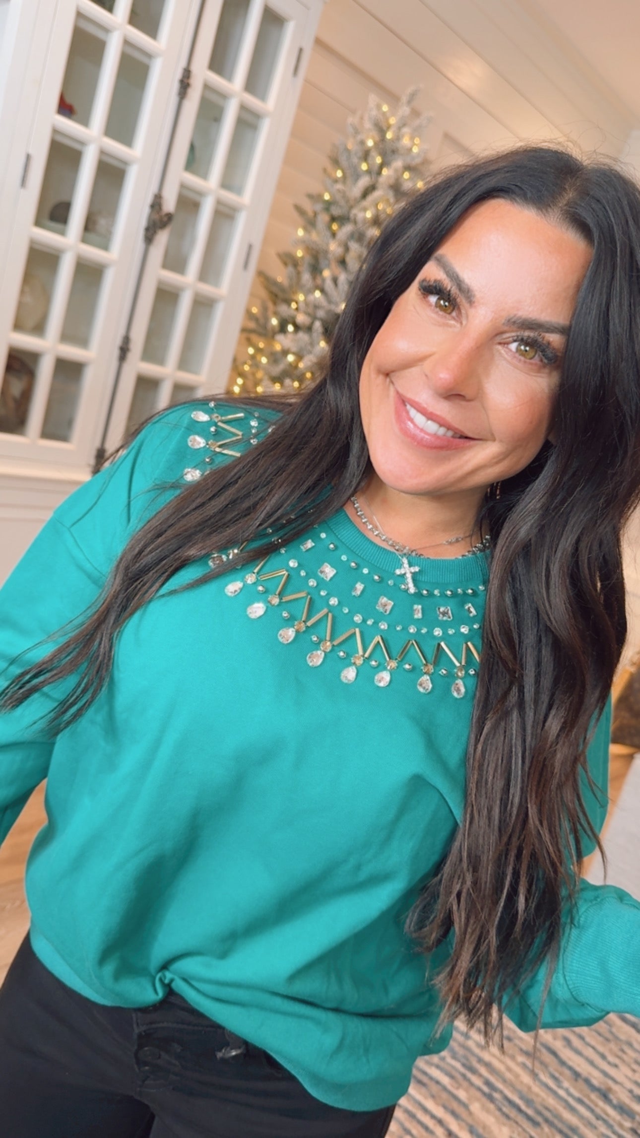 Teal Green And Stone Embellished Crewneck