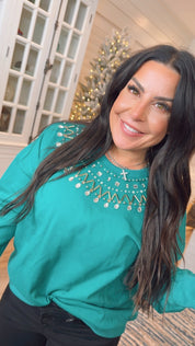 Teal Green And Stone Embellished Crewneck