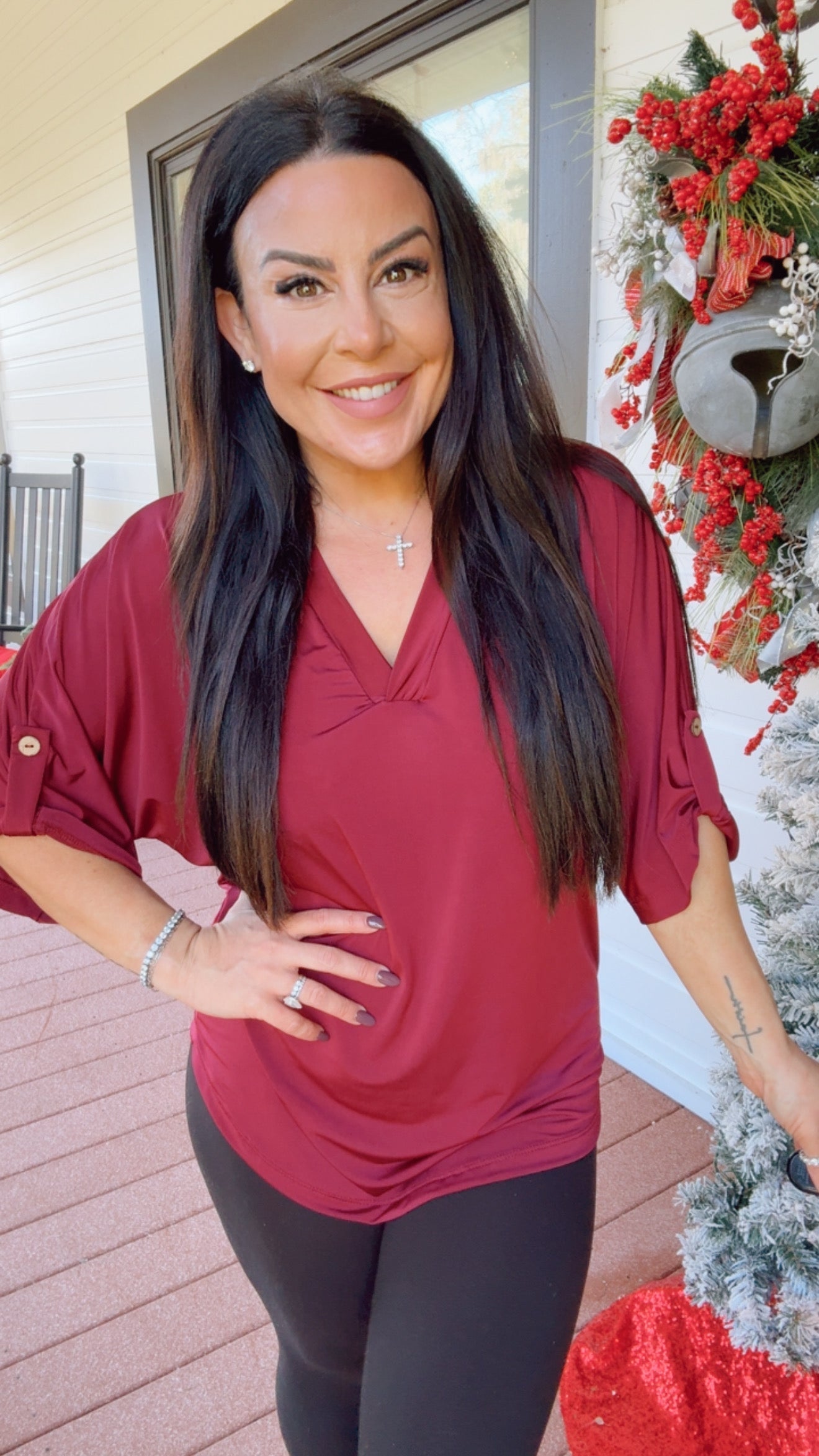 Ultra Soft 1/4 Sleeve Wine Vneck Top