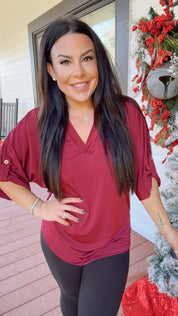 Ultra Soft 1/4 Sleeve Wine Vneck Top