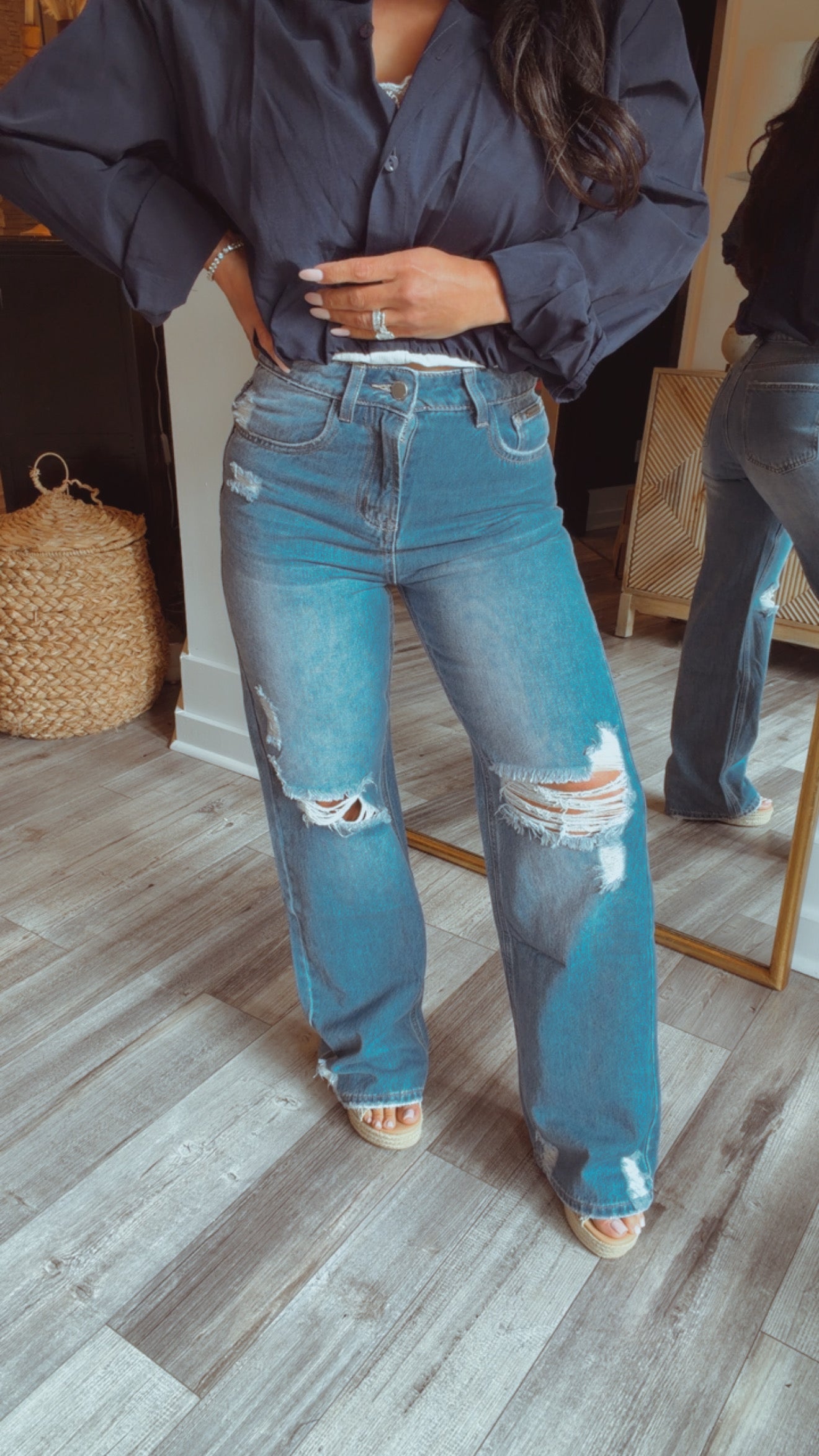 Medium Wash Distressed Wide Leg Jeans