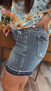 Judy Blue Medium Wash Tummy Control  Fray Hem High Waist Shorts