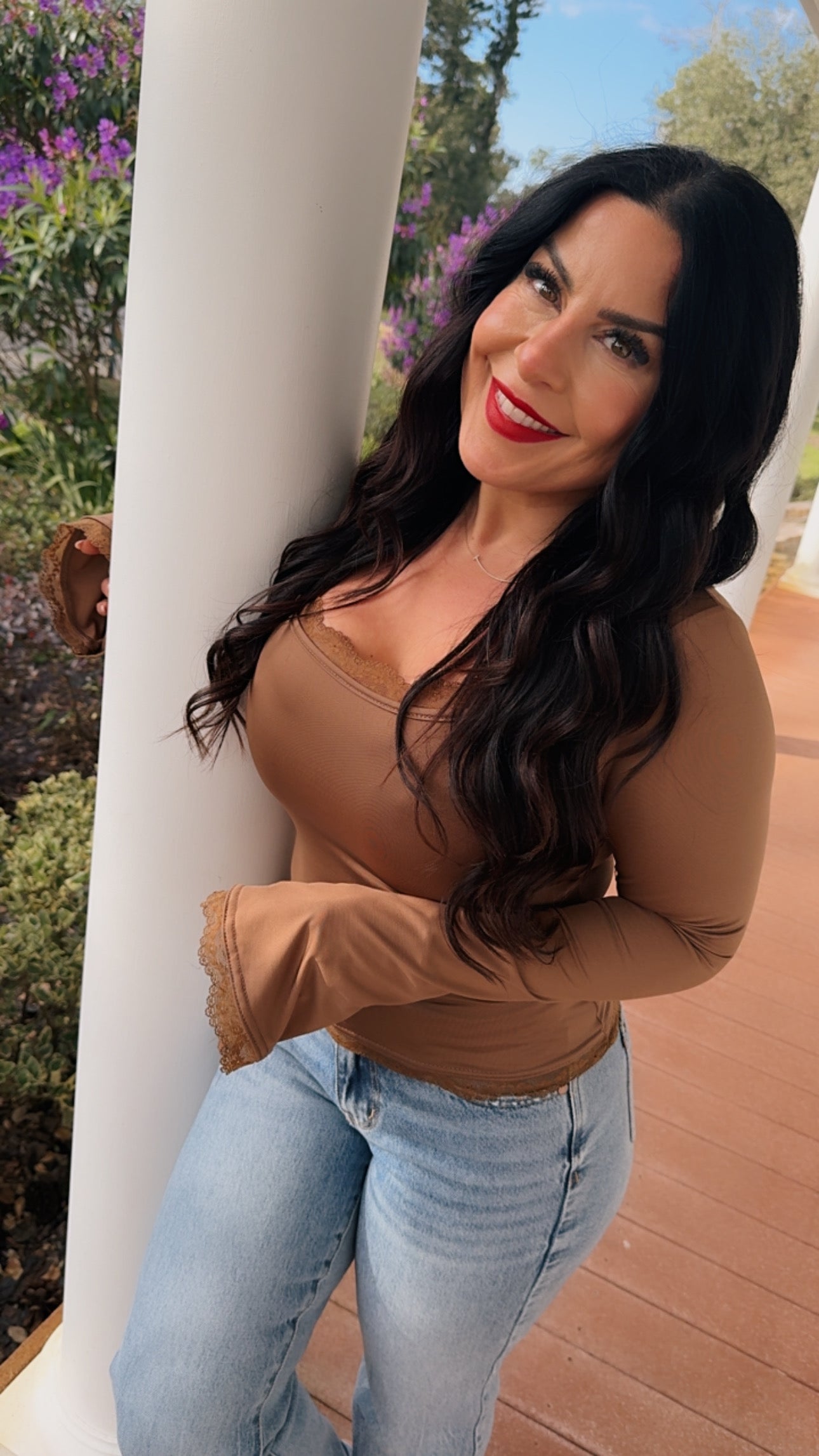 Brown Lace Trim Sassy Long Sleeve Top